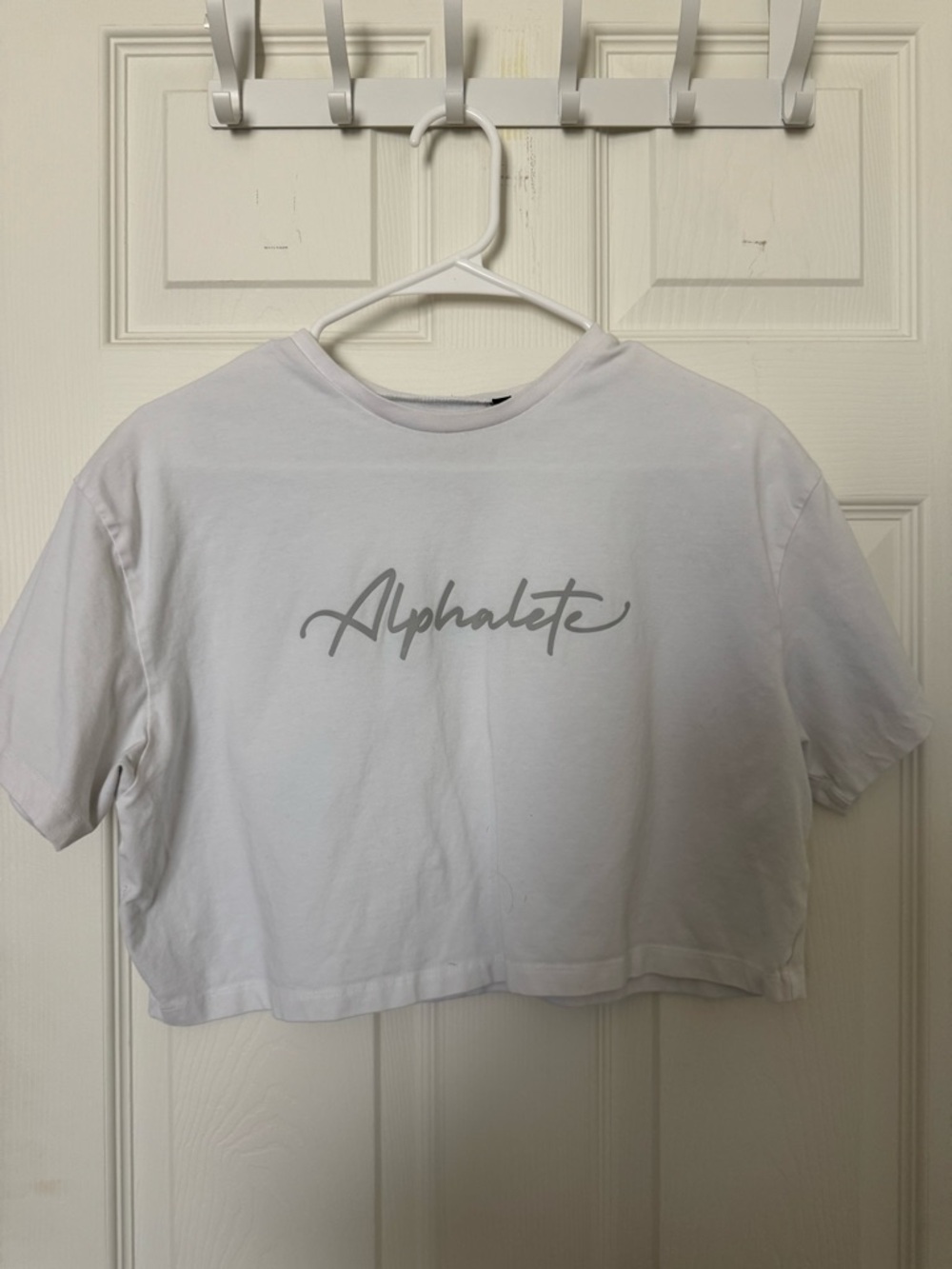 Alphalete White Tee with Gray Script Logo